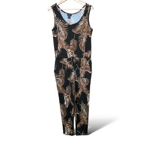 NICOLE MILLER Black w/ Brown Leaf Print Jumpsuit Elasticized Waist Side Pockets